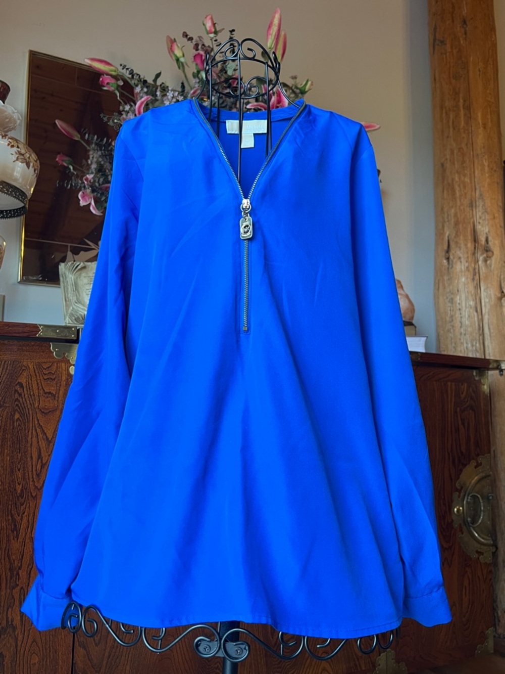 Michael Kors Royal Blue Zip-Front Long Sleeve Top